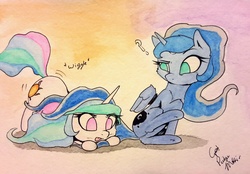 Size: 2343x1631 | Tagged: safe, artist:captainpudgemuffin, princess celestia, princess luna, alicorn, pony, :p, behaving like a cat, butt shake, cewestia, cheek fluff, chibi, confused, cute, cutelestia, empty eyes, face down ass up, female, filly, fluffy, gradient background, leg fluff, looking at something, looking back, lunabetes, no catchlights, no pupils, question mark, raised eyebrow, shoulder fluff, silly, sitting, tongue out, traditional art, underhoof, wiggle, wing fluff, woona, younger