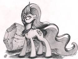 Size: 1841x1389 | Tagged: safe, artist:graboiidz, nightmare rarity, rarity, tom, pony, unicorn, g4, female, graphite drawing, grayscale, ink, looking up, mare, monochrome, solo, traditional art