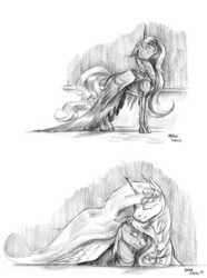 Size: 1000x1345 | Tagged: safe, artist:baron engel, princess celestia, princess luna, g4, clothes, dress, hug, monochrome, pencil drawing, story in the source, traditional art