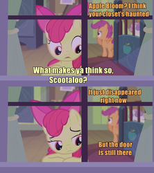 Size: 1280x1440 | Tagged: safe, screencap, apple bloom, scootaloo, sweetie belle, g4, somepony to watch over me, animation error, caption, closet, cutie mark crusaders, lampshade hanging, meme