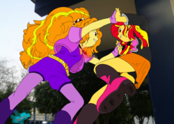 Size: 1214x865 | Tagged: safe, artist:alloyrabbit, artist:tonystorm12, edit, adagio dazzle, sunset shimmer, equestria girls, g4, amulet, black underwear, boots, clean, clothes, colored, duo, equestria girls in real life, face to face, fight, irl, necklace, panties, photo, signature, skirt, underwear, upskirt