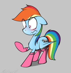 Size: 1117x1135 | Tagged: safe, artist:flamethegamer, rainbow dash, g4, blushing, clothes, embarrassed, female, rainbow dash always dresses in style, socks, solo