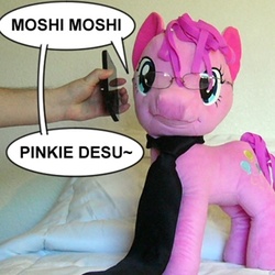 Size: 300x300 | Tagged: safe, artist:adenyne, pinkie pie, g4, cellphone, glasses, irl, moshi moshi, necktie, phone, photo, plushie, smartphone