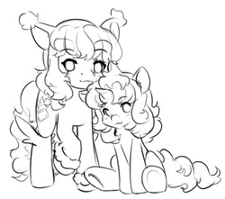 Size: 595x526 | Tagged: safe, artist:alloyrabbit, sweetie belle, oc, oc:truffle, g4, alternate hairstyle, monochrome, sitting, sketch