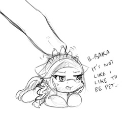 Size: 437x399 | Tagged: dead source, safe, artist:alloyrabbit, diamond tiara, earth pony, human, pony, g4, baka, blushing, dialogue, diamond tsundiara, hand, micro, monochrome, petting, reference, sketch, tsundere