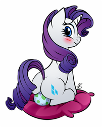 Size: 500x620 | Tagged: safe, artist:pia-sama, rarity, pony, unicorn, blushing, cute, egg, female, implied oviposition, implied sparity, incubation, mare, pillow, plot, rearity, simple background, sitting, solo, white background