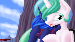 Size: 1920x1080 | Tagged: safe, artist:tsaritsaluna, princess celestia, princess luna, alicorn, pony, g4, blushing, canterlot, chest fluff, cliff, covering eyes, embarrassed, female, hug, princess, sisters, talking, wink