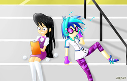 Size: 2338x1492 | Tagged: safe, artist:dieart77, dj pon-3, octavia melody, vinyl scratch, equestria girls, g4, my little pony equestria girls: rainbow rocks, art trade, background human, canterlot high, clipboard, clothes, fingerless gloves, gloves, headphones, listening, long hair, music notes, pen, shoes, signature, sunglasses, writing