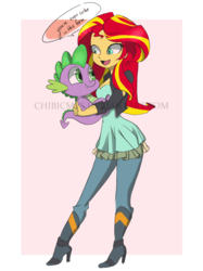 Size: 1024x1372 | Tagged: safe, artist:chibicmps, spike, sunset shimmer, equestria girls, g4, cute, duo, holding, request, shimmerbetes, spikabetes, spikelove