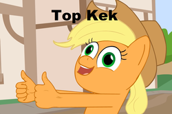 Size: 1414x941 | Tagged: safe, artist:piemations, applejack, earth pony, pony, friendship is violence, g4, caption, female, fingers, hand, kek, open mouth, reaction image, smiling, solo, thumbs up, top kek, wat