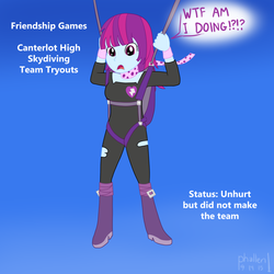 Size: 1500x1500 | Tagged: safe, artist:phallen1, mystery mint, equestria girls, g4, my little pony equestria girls: friendship games, 30 minute art challenge, background human, clothes, costume interpretation, falling, jumpsuit, parachute, skydiving, wtf