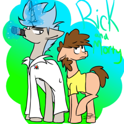 Size: 700x700 | Tagged: dead source, safe, artist:23questionmark, alcohol, clothes, crossover, hilarious in hindsight, lab coat, magic, morty smith, ponified, rick and morty, rick sanchez, simple background, telekinesis, transparent background, whiskey flask