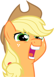 Size: 500x709 | Tagged: safe, artist:paragonaj, edit, applejack, earth pony, pony, g4, face, faic, fashion reaction, female, hat, meme, reaction image, silly, silly pony, simple background, solo, teeth, transparent background