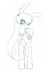 Size: 2000x3000 | Tagged: safe, artist:daisy, pony, rabbit pony, :3, bunny ears, female, high res, mare, monochrome, necktie, ponified, raised leg, reisen udongein inaba, solo, touhou, traditional art