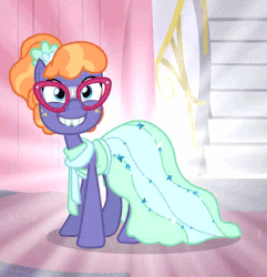 Size: 412x427 | Tagged: safe, screencap, frazzle rock, pony, canterlot boutique, g4, adorkable, animated, broken glasses, clothes, cute, dork, dress, frazzlebetes, glasses, grin, shiny, smiling, solo, when she smiles