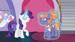 Size: 576x324 | Tagged: safe, screencap, frazzle rock, rarity, earth pony, pony, unicorn, canterlot boutique, g4, adorkable, animated, clothes, cute, dork, dress, duo, female, frazzlebetes, smiling, when she smiles