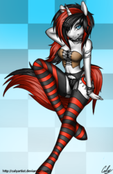 Size: 357x547 | Tagged: safe, artist:calyartist, oc, oc only, anthro, unguligrade anthro, clothes, garter belt, socks, solo, striped socks, thigh highs