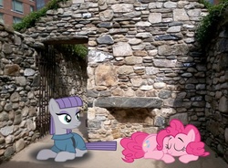 Size: 1053x776 | Tagged: safe, artist:90sigma, artist:ikillyou121, artist:thedoubledeuced, maud pie, pinkie pie, g4, gate, happy, ireland, irish potato famine memorial, irl, photo, ponies in real life, prone, shadow, sisters, sleeping, vector