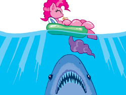 Size: 520x390 | Tagged: safe, artist:thenose90, pinkie pie, shark, g4, crossover, doodle or die, female, inner tube, jaws, solo