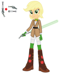 Size: 2445x3000 | Tagged: safe, artist:amante56, applejack, equestria girls, g4, 20th century fox, alternate hairstyle, blaster, boots, clothes, cowboy boots, crossover, disney, element of honesty, female, freckles, high res, jedi, lightsaber, looking at you, lucasfilm, sentinel, simple background, solo, star wars, transparent background