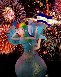 Size: 1880x2365 | Tagged: safe, artist:ponysalvadoreno, rainbow dash, human, g4, clothes, el salvador, female, fireworks, flag, humanized, independence day, musical instrument, salvadoran independence day, shorts, solo, spanish, tank top, trumpet, winged humanization
