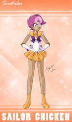 Size: 1693x2850 | Tagged: safe, artist:shinta-girl, scootaloo, human, g4, anime, bubble, clothes, cute, cutealoo, dark skin, female, gloves, hand on hip, humanized, long gloves, sailor moon (series), sailor senshi, scootachicken, scootaloo is not amused, skirt, solo, stars