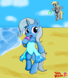 Size: 3017x3465 | Tagged: safe, artist:bigrinth, derpy hooves, trixie, pony, g4, beach, bipedal, clothes, high res, ice cream, one-piece swimsuit, princess ruto, swimsuit, the legend of zelda