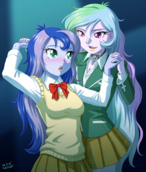 Size: 853x1000 | Tagged: safe, artist:uotapo, princess celestia, princess luna, principal celestia, vice principal luna, vampire, equestria girls, anime style, blushing, cleavage, clothes, cosplay, costume, crossover, cute, cute little fangs, cutelestia, fangs, female, holding hands, kurumu kurono, looking at each other, lunabetes, miniskirt, moka akashiya, open mouth, plaid skirt, pleated skirt, reference, rosario to vampire, skirt, sweet dreams fuel, uotapo is trying to murder us