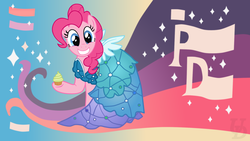 Size: 1920x1080 | Tagged: safe, artist:unnamed-doctor, pinkie pie, earth pony, pony, canterlot boutique, g4, clothes, cupcake, dress, female, mare, outfit catalog, princess dress, solo