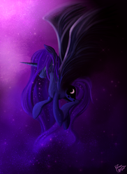 Size: 1700x2338 | Tagged: safe, artist:pedrohander, princess luna, alicorn, pony, g4, female, floating, missing accessory, solo, universe, wings
