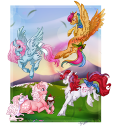 Size: 1024x1156 | Tagged: safe, artist:cigarscigarettes, lickety-split, moondancer (g1), skydancer, wind whistler, g1, flying, ice cream, tail bow