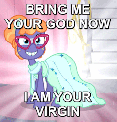 Size: 412x427 | Tagged: safe, edit, edited screencap, screencap, frazzle rock, canterlot boutique, g4, adorkable, animated, bring me your virgins, broken glasses, bronybait, clothes, cute, dork, dress, glasses, grin, i am your god now bring me your virgins, image macro, meme, role reversal, shiny, smiling, story in the comments, subversion, subverted meme, text, virgin, when she smiles