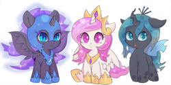 Size: 1280x640 | Tagged: safe, artist:zokkili, nightmare moon, princess celestia, queen chrysalis, alicorn, changeling, changeling queen, pony, alicorns, blue eyes, cewestia, chibi, colored eyelashes, colored pupils, cute, cutealis, cutelestia, eyeshadow, female, filly, heart hair, helmet, horn, looking at you, makeup, moonabetes, nightmare woon, pink eyes, pink mane, pink-mane celestia, purple mane, simple background, sitting, sparkly eyes, sparkly mane, spread wings, teal eyes, teal mane, tiara, white background, wings, woona, younger