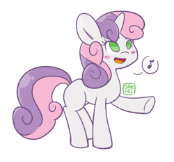 Size: 1323x1232 | Tagged: safe, artist:oakiel, sweetie belle, pony, unicorn, g4, blank flank, blushing, cute, diasweetes, female, filly, music notes, no pupils, open mouth, pictogram, singing, solo, speech bubble