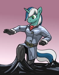 Size: 1008x1280 | Tagged: safe, artist:endium, oc, oc only, oc:skyfall, unicorn, anthro, anthro oc, clothes, cravat, female, gloves, latex, latex gloves, latex suit, rubber, sinking, solo, stuck