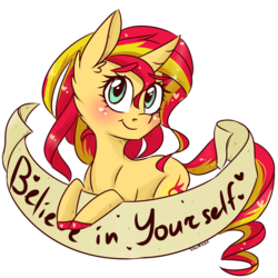 Size: 2000x2000 | Tagged: safe, artist:silbersternenlicht, sunset shimmer, pony, unicorn, g4, banner, blushing, female, heart, high res, looking at you, mare, old banner, positive message, positive ponies, simple background, solo, transparent background