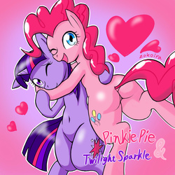 Size: 1024x1024 | Tagged: safe, artist:zokoira, pinkie pie, twilight sparkle, semi-anthro, belly button, cute, dock, female, heart, hug, lesbian, looking at you, one eye closed, plot, shipping, twinkie, wink