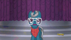 Size: 500x281 | Tagged: safe, screencap, fashion plate, canterlot boutique, g4, animated, caption, cute, discovery family logo, floppy ears, happy, male, reaction image, solo, success, sunglasses