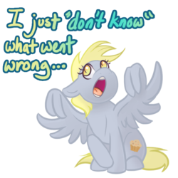 Size: 576x576 | Tagged: safe, artist:katotter, derpy hooves, pegasus, pony, g4, air quotes, alternate cutie mark, female, i just don't know what went wrong, implied changeling, implying, simple background, solo, transparent background, wing hands, wingquotes