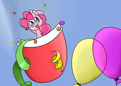 Size: 4093x2894 | Tagged: safe, artist:cutepencilcase, pinkie pie, g4, :d, balloon, confetti, female, pocket, pocket pony, smiling, solo, streamers