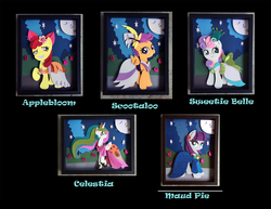 Size: 1200x926 | Tagged: safe, artist:the-paper-pony, apple bloom, maud pie, princess celestia, scootaloo, sweetie belle, g4, clothes, craft, cutie mark crusaders, dress, gala dress, shadowbox, smiling, when she smiles