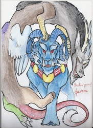 Size: 1700x2338 | Tagged: safe, artist:thelionmedal, discord, grogar (g1), g1, g4, badass, cloven hooves, colored pencil drawing, crossover, g1 to g4, generation leap, male, ram, red eyes, signature, spanish, traditional art