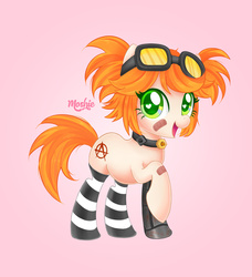 Size: 2128x2336 | Tagged: safe, artist:imoshie, oc, oc only, oc:gaige, earth pony, pony, amputee, borderlands, borderlands 2, clothes, crossover, cute, female, gaige, goggles, high res, mare, mechromancer, ponified, raised hoof, socks, solo, striped socks