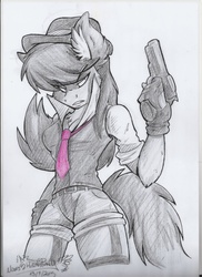 Size: 1700x2338 | Tagged: safe, artist:mimy92sonadow, octavia melody, earth pony, anthro, g4, badass, clothes, female, gangster, gun, no trigger discipline, pistol, solo, traditional art