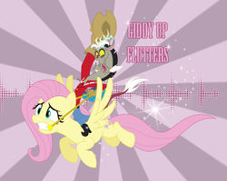 Size: 3918x3134 | Tagged: safe, artist:icelion87, discord, fluttershy, draconequus, g4, belt, bolo tie, boots, button-up shirt, clothes, cowboy, cowboy boots, cowboy hat, discord riding fluttershy, draconequi riding ponies, female, giddy up, gloves, hat, high res, mare, pants, riding, shirt, shoes