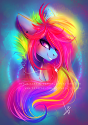Size: 2059x2913 | Tagged: safe, artist:wilvarin-liadon, rainbow dash, pony, g4, alternate hairstyle, color porn, ear piercing, eyestrain warning, female, high res, jewelry, mare, multicolored hair, necklace, patreon, piercing, portrait, smiling, solo, watermark
