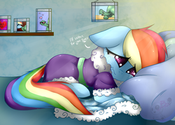 Size: 2084x1493 | Tagged: safe, artist:bloody-pink, rainbow dash, tank, pegasus, pony, g4, tanks for the memories, bathrobe, bed, clothes, crying, cute, dashabetes, feels, female, floppy ears, mare, misspelling, nightgown, robe, sad, solo