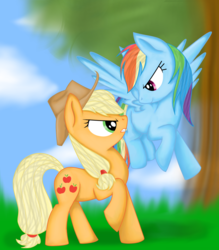 Size: 1470x1680 | Tagged: safe, artist:bloody-pink, applejack, rainbow dash, g4, cloud, day, duo, flying, full body, grass, kubrick stare, looking into each others eyes, raised hoof, spread wings, standing, tree, wings