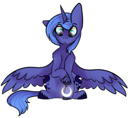 Size: 1024x944 | Tagged: dead source, safe, artist:princegalaxies, princess luna, alicorn, pony, g4, both cutie marks, female, s1 luna, simple background, sitting, solo, spread wings, transparent background, unshorn fetlocks