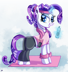 Size: 1400x1468 | Tagged: safe, artist:daniel-sg, rarity, pony, unicorn, g4, alternate hairstyle, butt, clothes, cute, drink, fashion horse, female, flank, headband, looking at you, magic, midriff, mp3 player, plot, smiling, solo, telekinesis, workout outfit, yoga